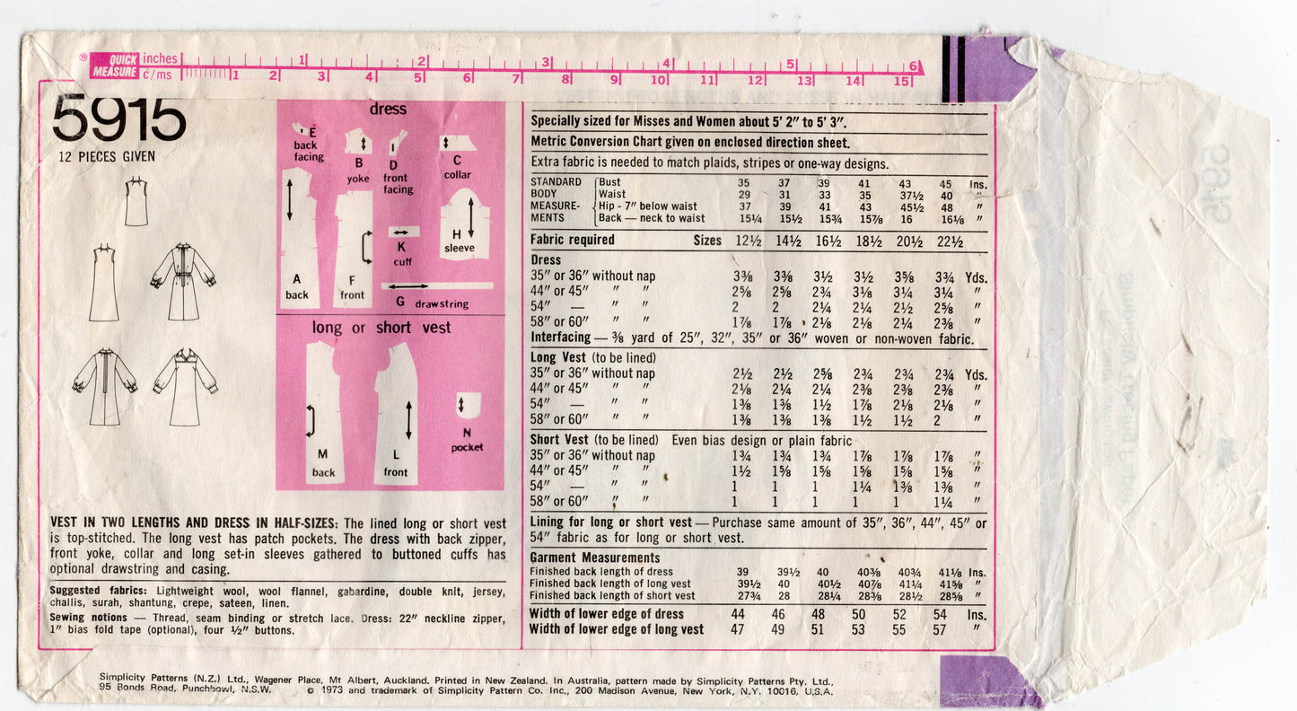 Simplicity 5915 Womens Half Size Yoked Wide Collar Dress & Long Vest 1970s Vintage Sewing Pattern Sizes 22 1/2 Bust 45 inches