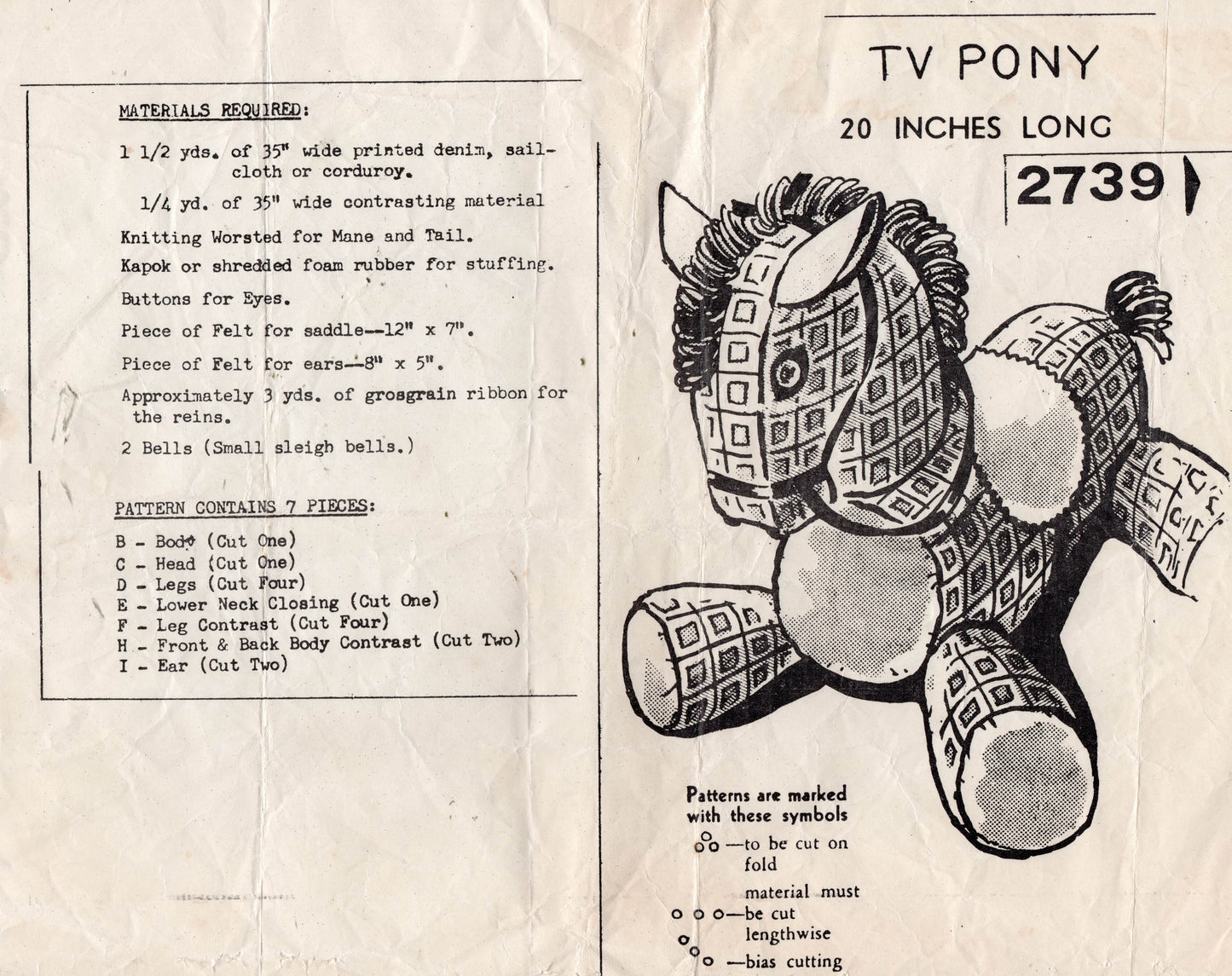 Patrón de costura de cojín Pony de TV para niños pequeños, pedido por correo 2739, década de 1970, tamaño 20 pulgadas, sin cortar, doblado de fábrica