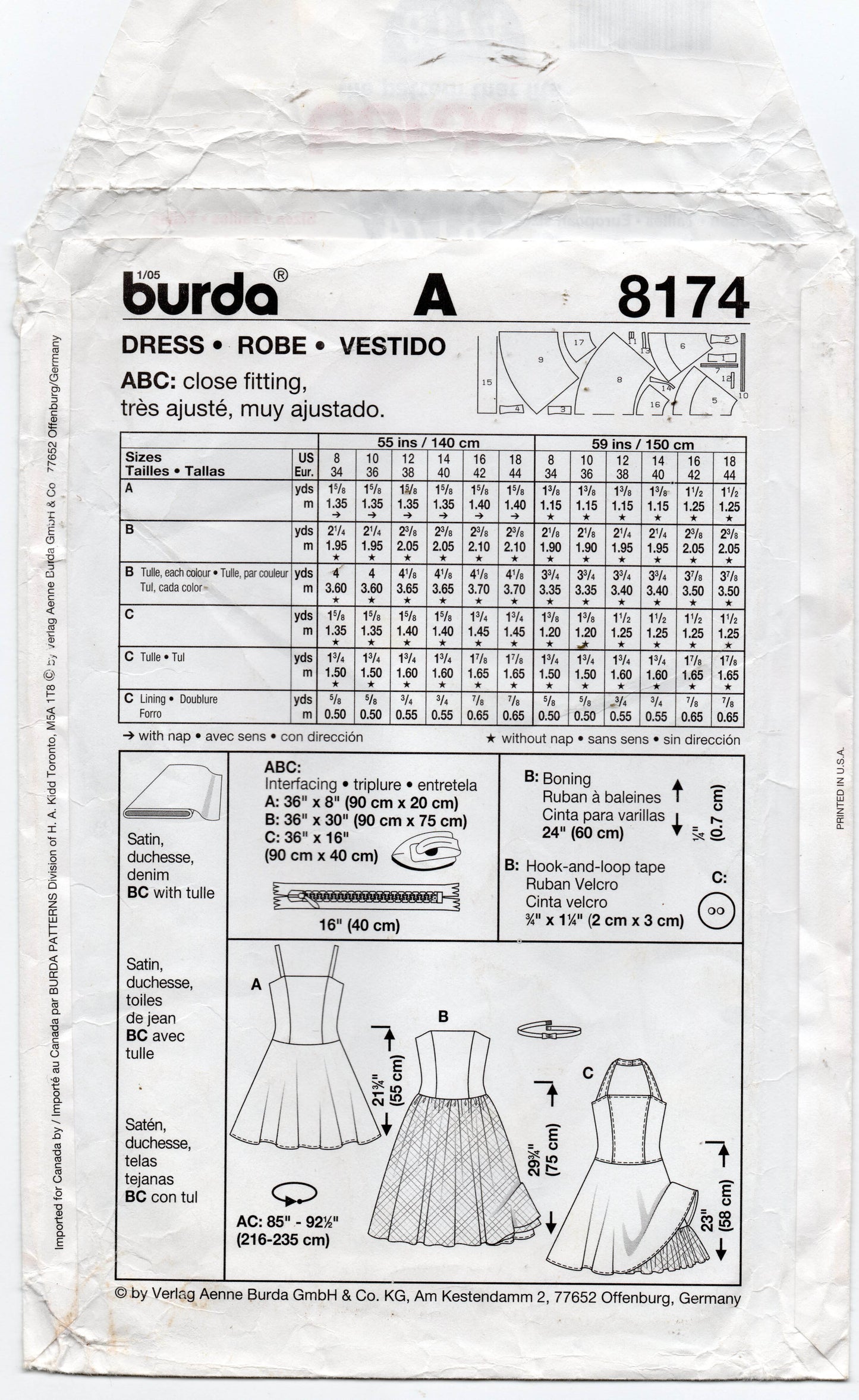 Burda Young 8174 Womens Low Waisted Prom Dress with Tulle Skirt Out Of Print Sewing Pattern Sizes 8 - 18 UNCUT Factory Folded