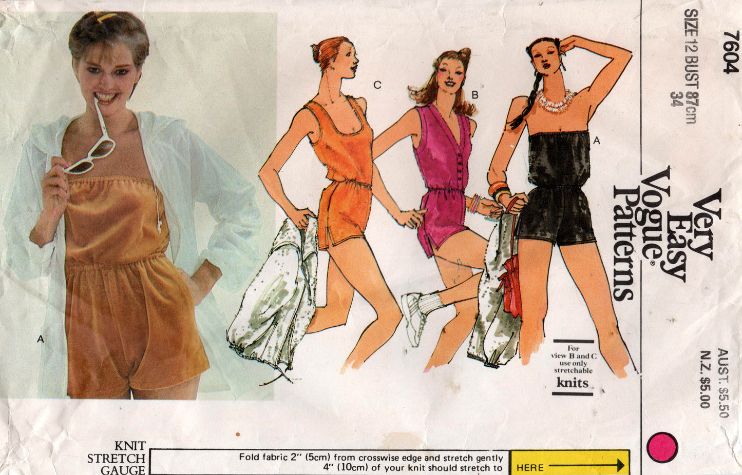 Vogue 7604 Womens Hoodie & Rompers 1980s Vintage Sewing Pattern Size 12 Bust 34 inches