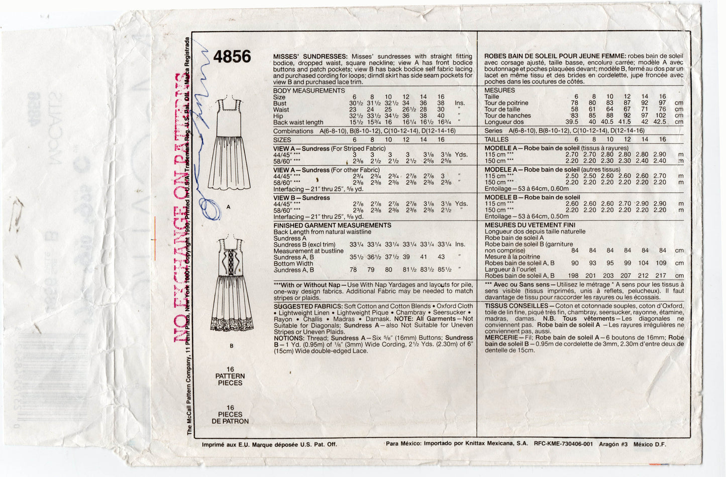 McCall's 4856 Womens Drop Waisted Square Neck Sundresses 1990s Vintage Sewing Pattern Size 8 - 12