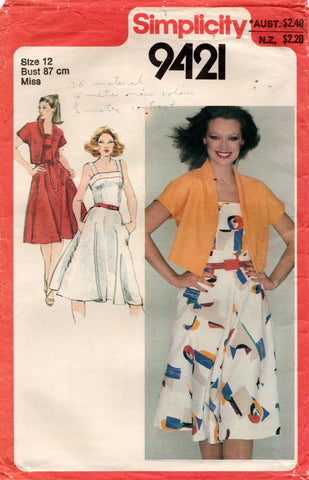 Simplicity 9421 Womens Full Bias Skirt Sundress & Summer Jacket 1980s Vintage Sewing Pattern Size 12 Bust 34 inches