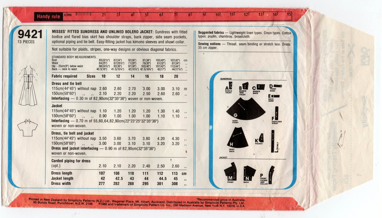 Simplicity 9421 Womens Full Bias Skirt Sundress & Summer Jacket 1980s Vintage Sewing Pattern Size 12 Bust 34 inches