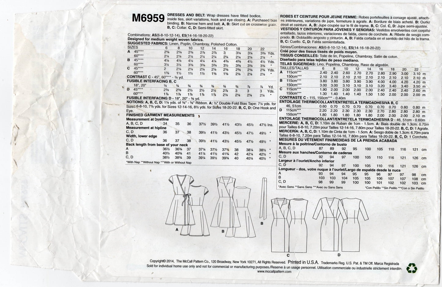 McCall's M6959 Womens EASY Wrap Dresses Sewing Pattern Size 6 - 22 UNCUT Factory Folded