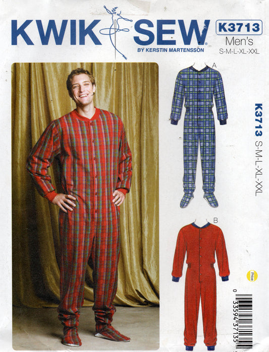 Kwik Sew K3713 Mens Onesie Style Pajamas Out Of Print Sewing Pattern Size S - XXL UNCUT Factory Folded