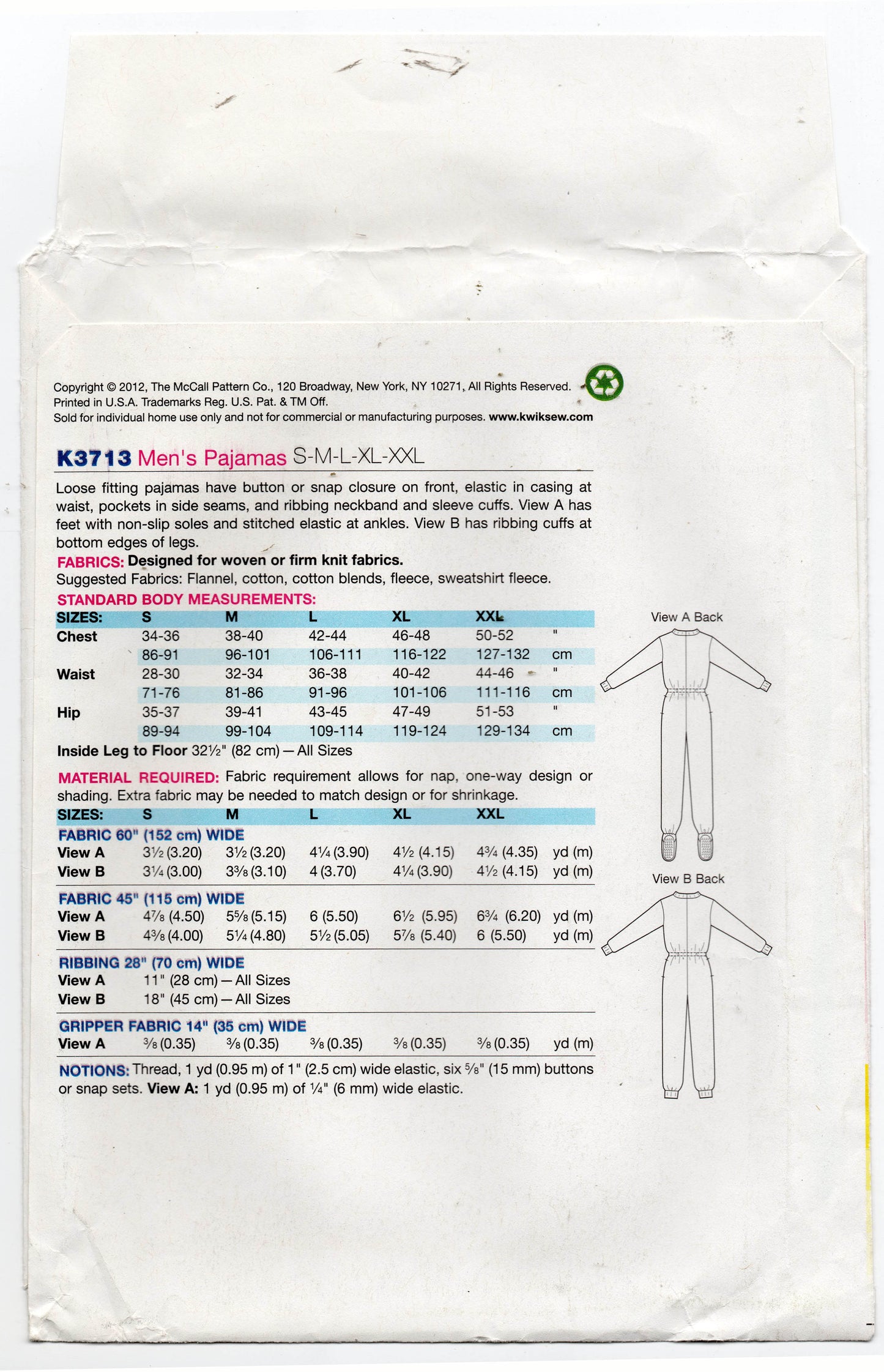 Kwik Sew K3713 Mens Onesie Style Pajamas Out Of Print Sewing Pattern Size S - XXL UNCUT Factory Folded