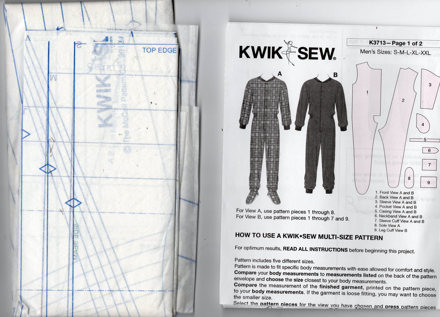 Kwik Sew K3713 Mens Onesie Style Pajamas Out Of Print Sewing Pattern Size S - XXL UNCUT Factory Folded