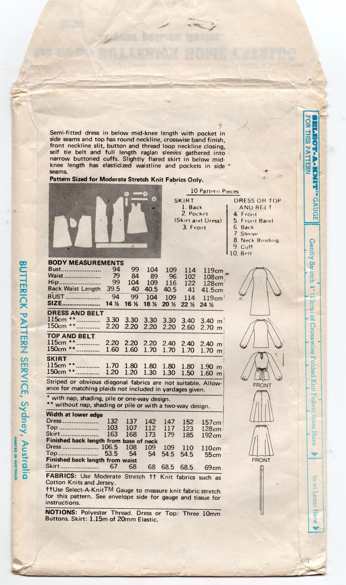 Butterick 5298 Womens Half Sized Stretch Knit Dress Top & Skirt 1970s Vintage Sewing Pattern Size 16 1/2 Bust 39 inches