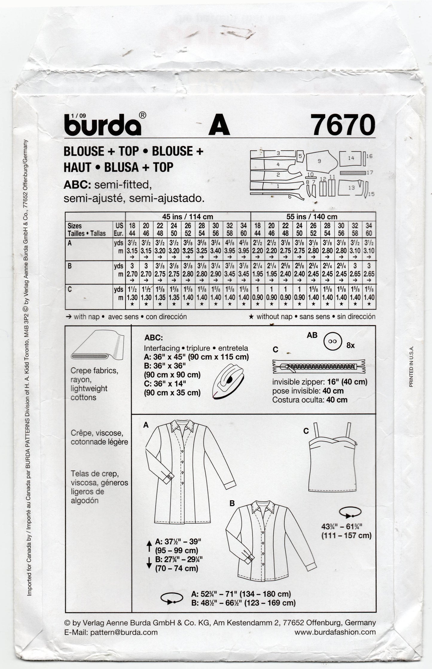 Patrón de costura Burda 7670 para camisas y camisetas sin mangas de tallas grandes para mujer, agotado, tallas 18 a 34, sin cortar, doblado de fábrica