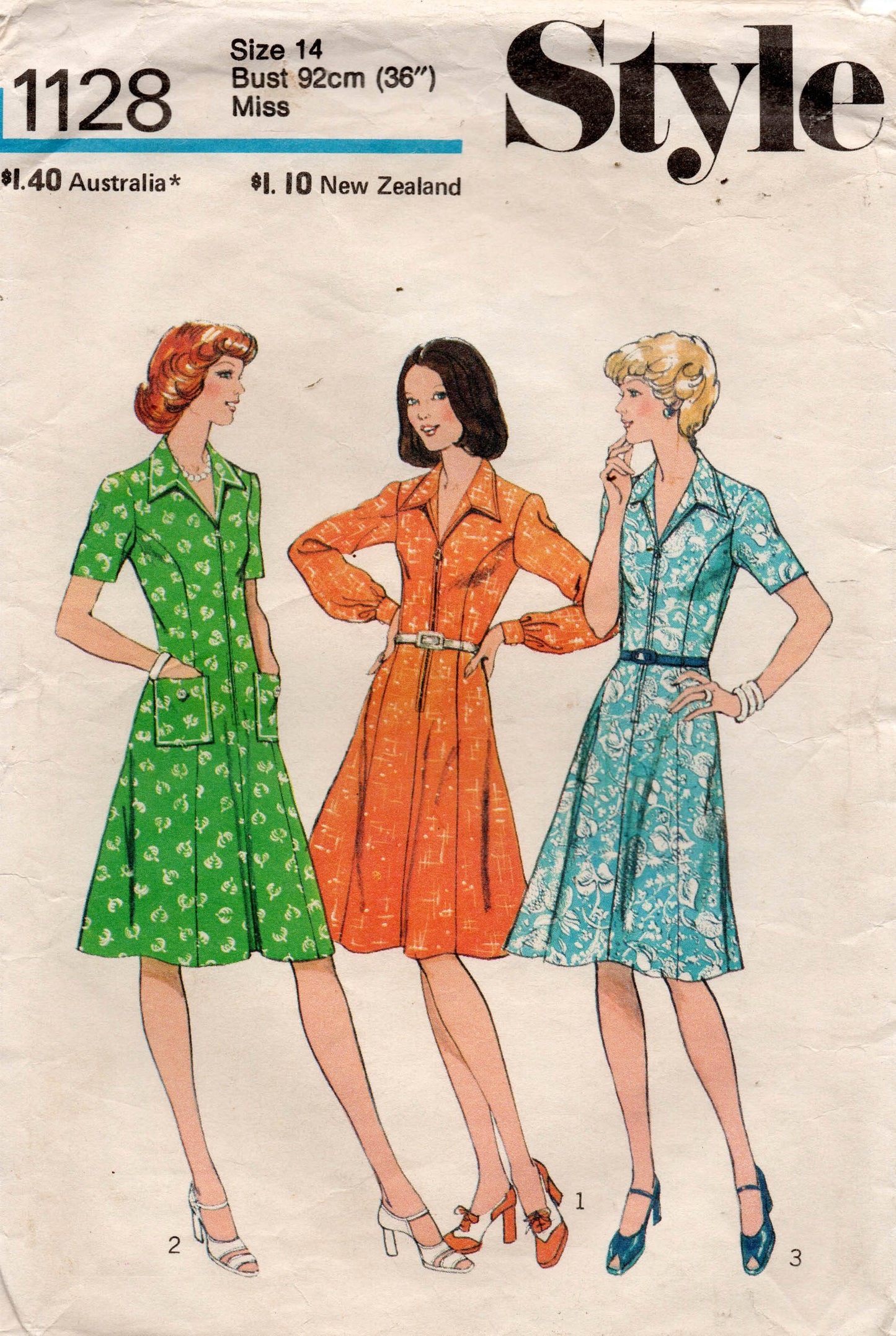 Style 1128 Womens Zip Front Princess Seamed Shirtdress 1970s Vintage Sewing Pattern Size 12 or 14