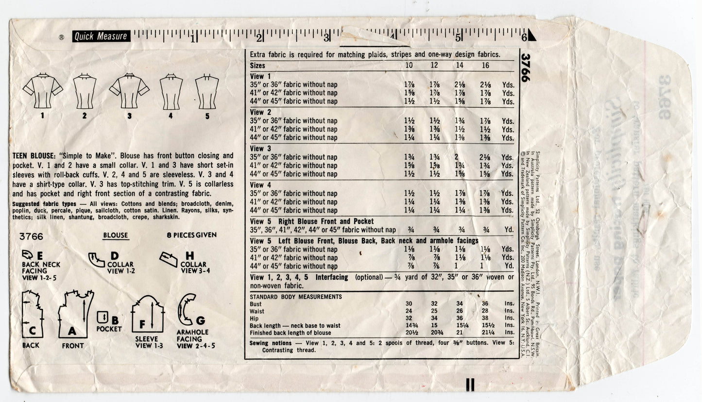 Simplicity 3766 Teen Girls Summer Blouses 1960s Vintage Sewing Pattern Size 12 Bust 32 inches