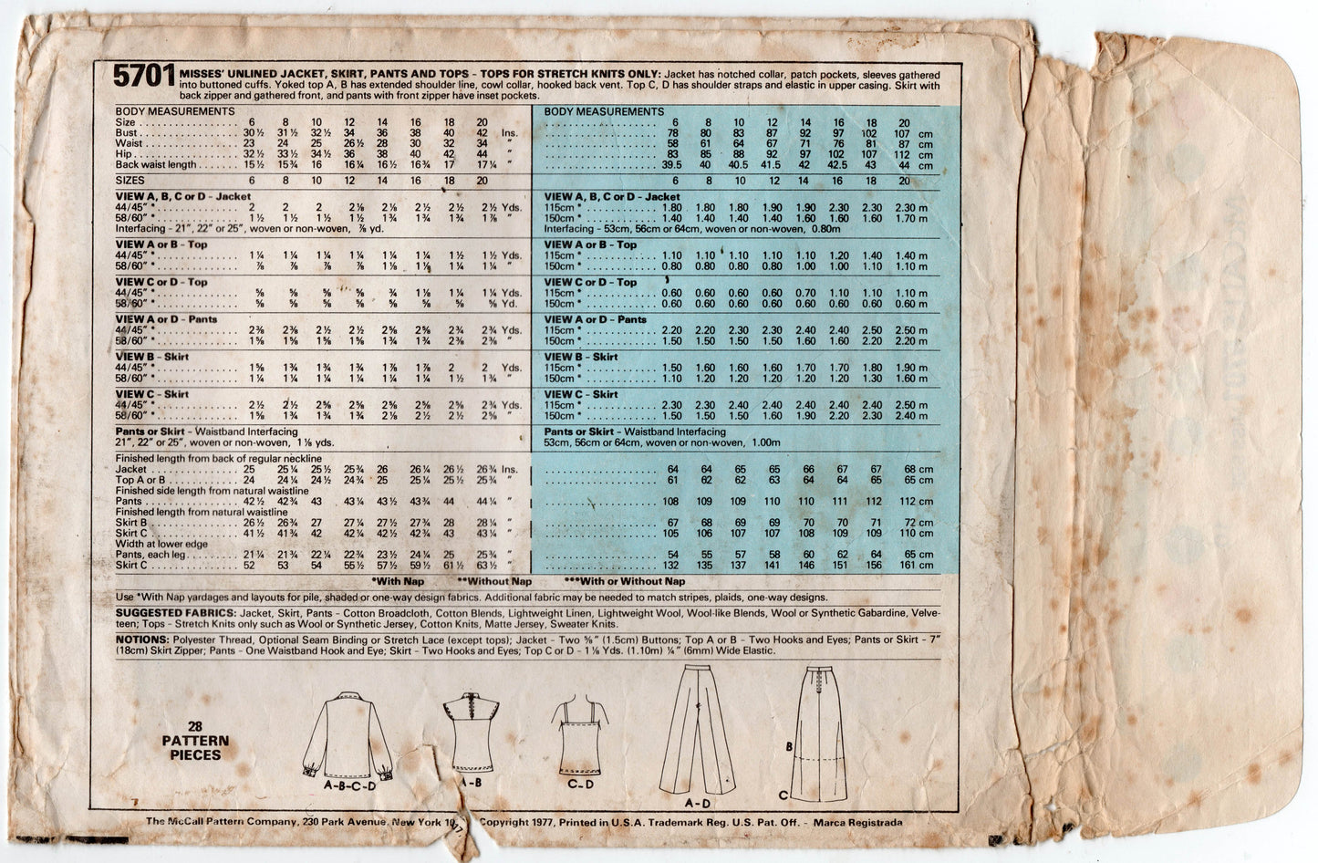 McCall's 5701 Womens Jacket Pants Skirt & Stretch Tops 1970s Vintage Sewing Pattern Size 10 Bust 32.5 inches
