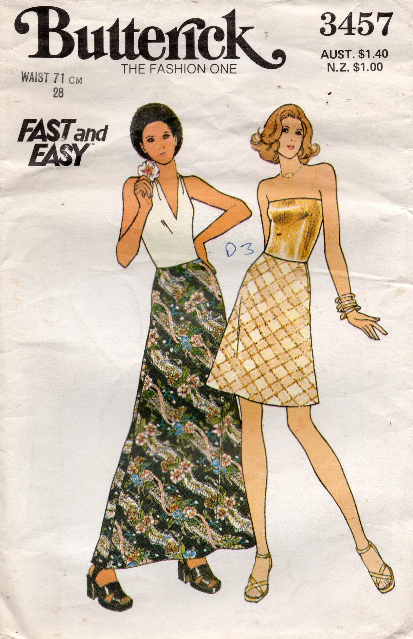 Butterick 3457 Womens EASY Bias Cut Maxi or Mini Skirts 1970s Vintage Sewing Pattern Size 10 or 14