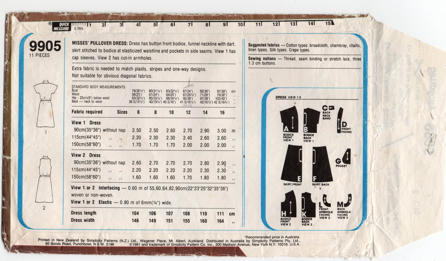 Simplicity 9905 Womens Funnel Neck Dress with Pockets 1980s Vintage Sewing Pattern Size 12 Bust 34 inches