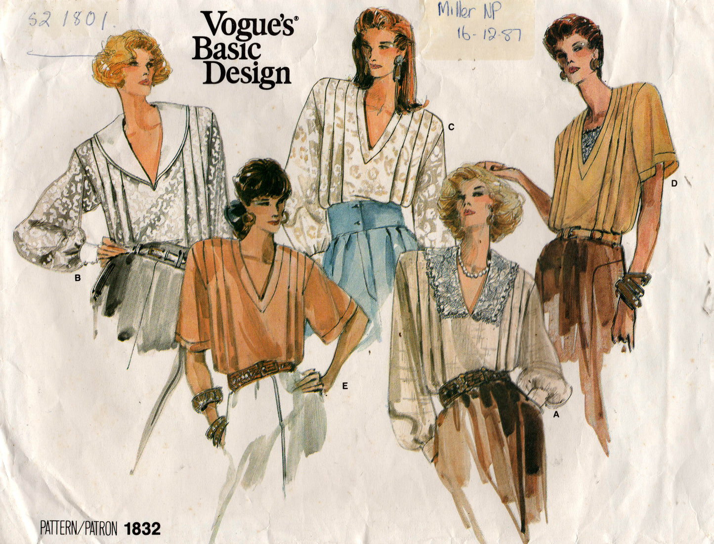 Vogue Basic Design 1832 Womens Back Buttoned Pleated Blouses 1980s Vintage Sewing Pattern Size 14 -18