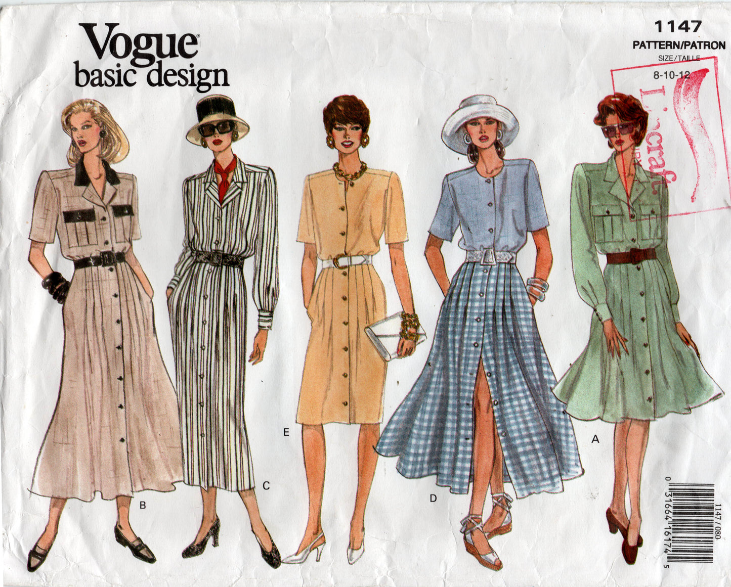 Vogue Basic Design 1147 Womens Tucked Front Shirtdresses with Pockets & Contrast 1990s Vintage Sewing Pattern Size 8 - 12 or 14 & 16