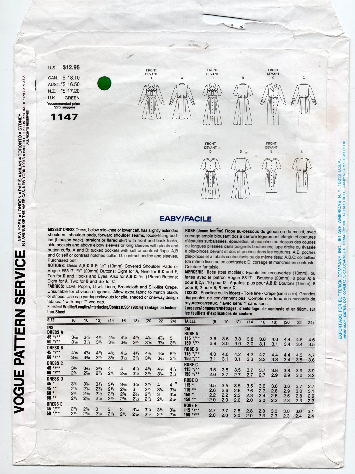 Vogue Basic Design 1147 Womens Tucked Front Shirtdresses with Pockets & Contrast 1990s Vintage Sewing Pattern Size 8 - 12 or 14 & 16