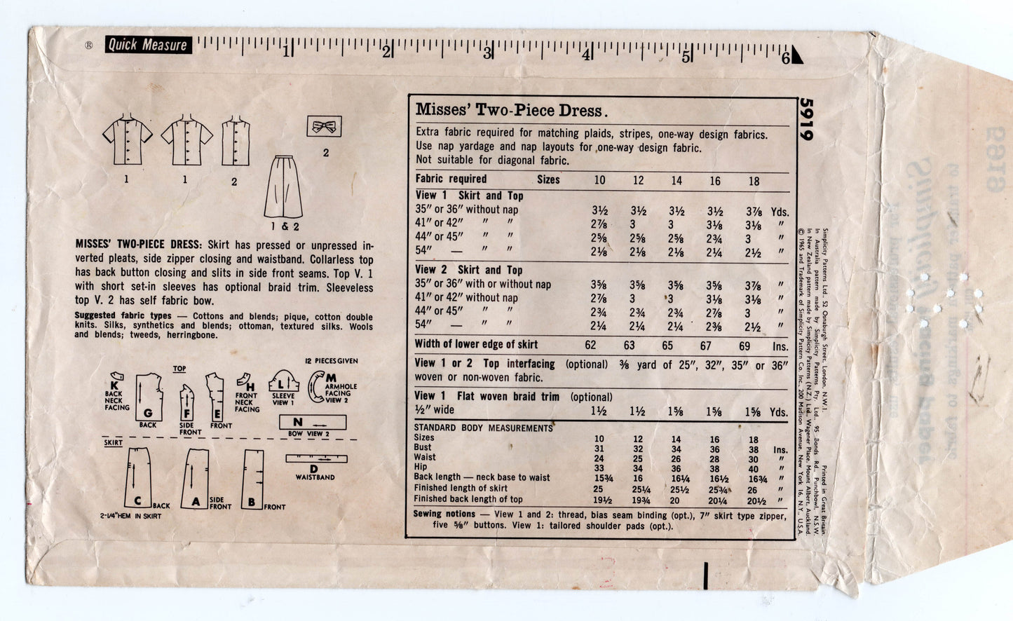 Simplicity 5919 Womens Princess Blouse & Pleated Skirt 1960s Vintage Sewing Pattern Size 12 Bust 32 inches