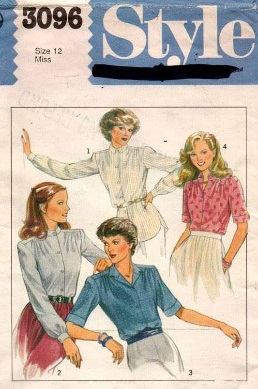 Patrón de costura vintage de los años 80 para camisas con hombros fruncidos para mujer, estilo 3096, talla 12, busto de 34 pulgadas, sin cortar, doblado de fábrica