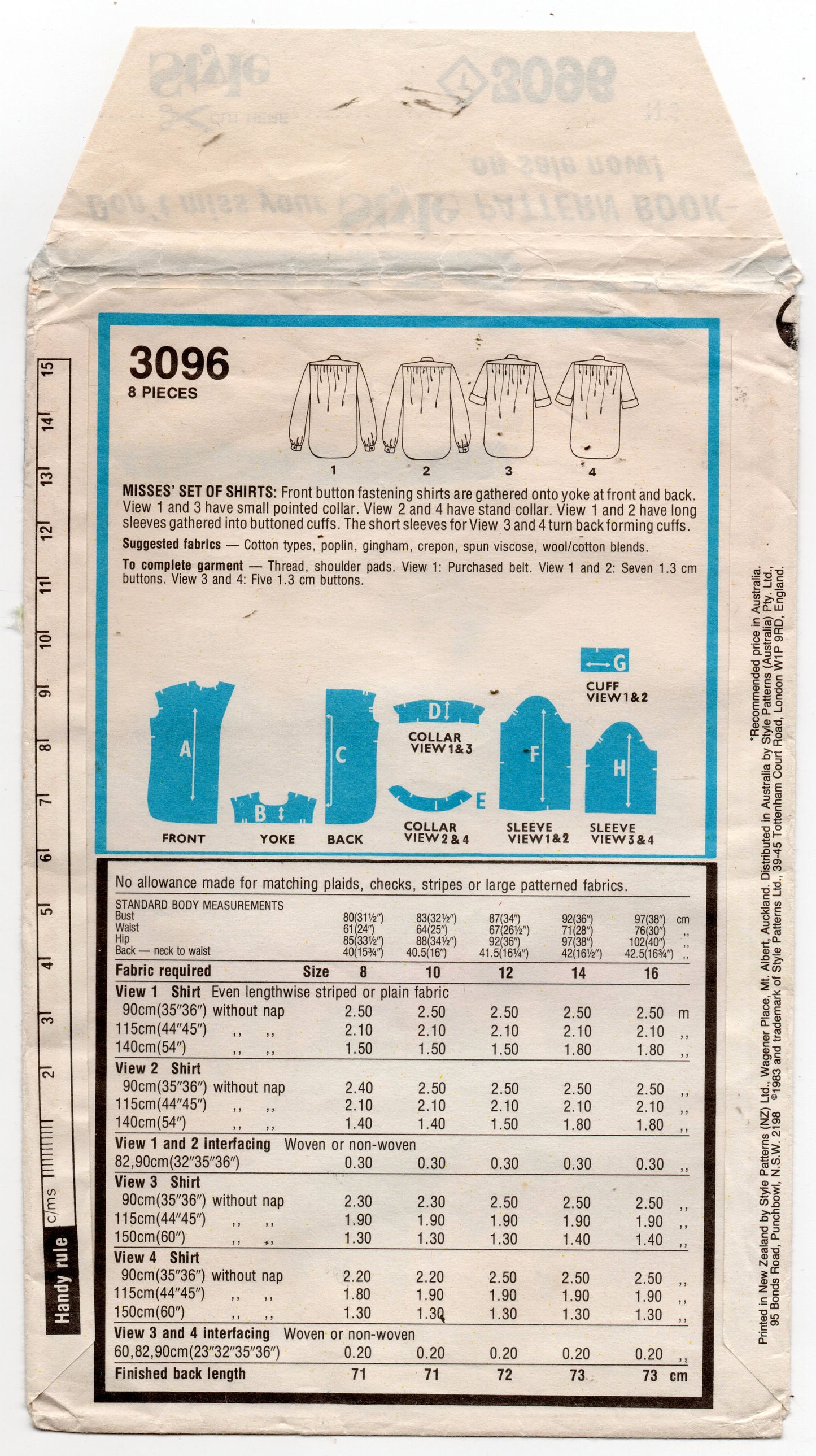 Style 3096 Womens Gathered Shoulder Shirts 1980s Vintage Sewing Pattern Size 12 Bust 34 inches UNCUT Factory Folded