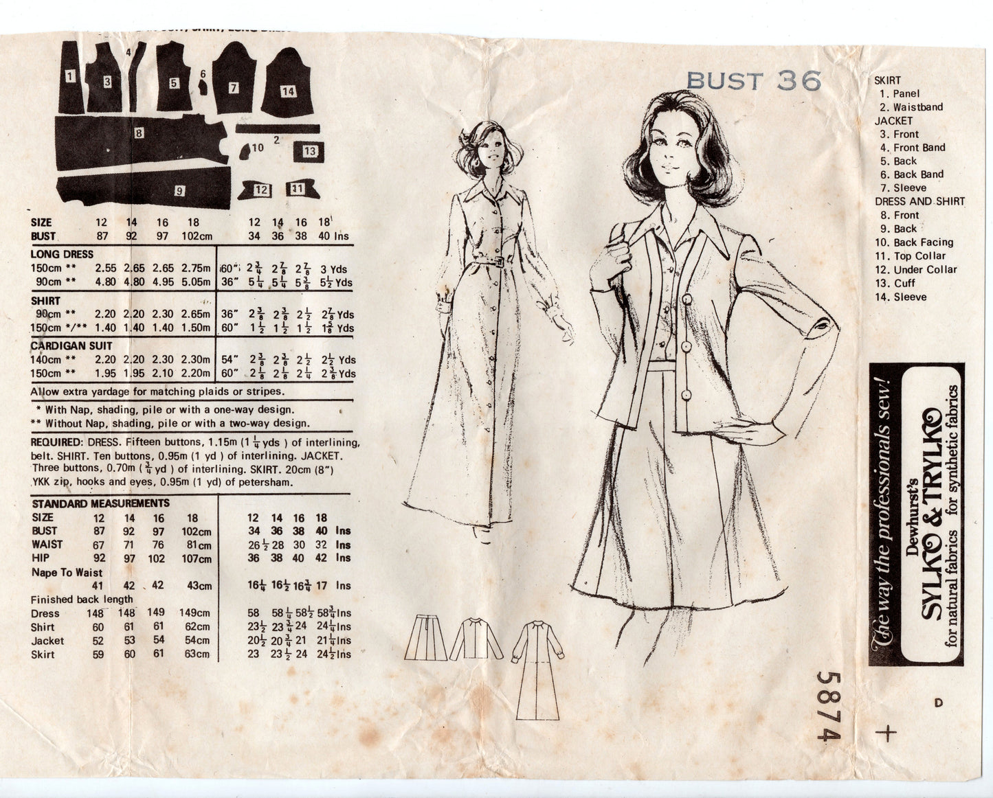 Mail Order 5874 Womens Maxi Shirtdress Cardigan Blouse & Skirt 1970s Vintage Sewing Pattern Bust 34 inches UNUSED Factory Folded