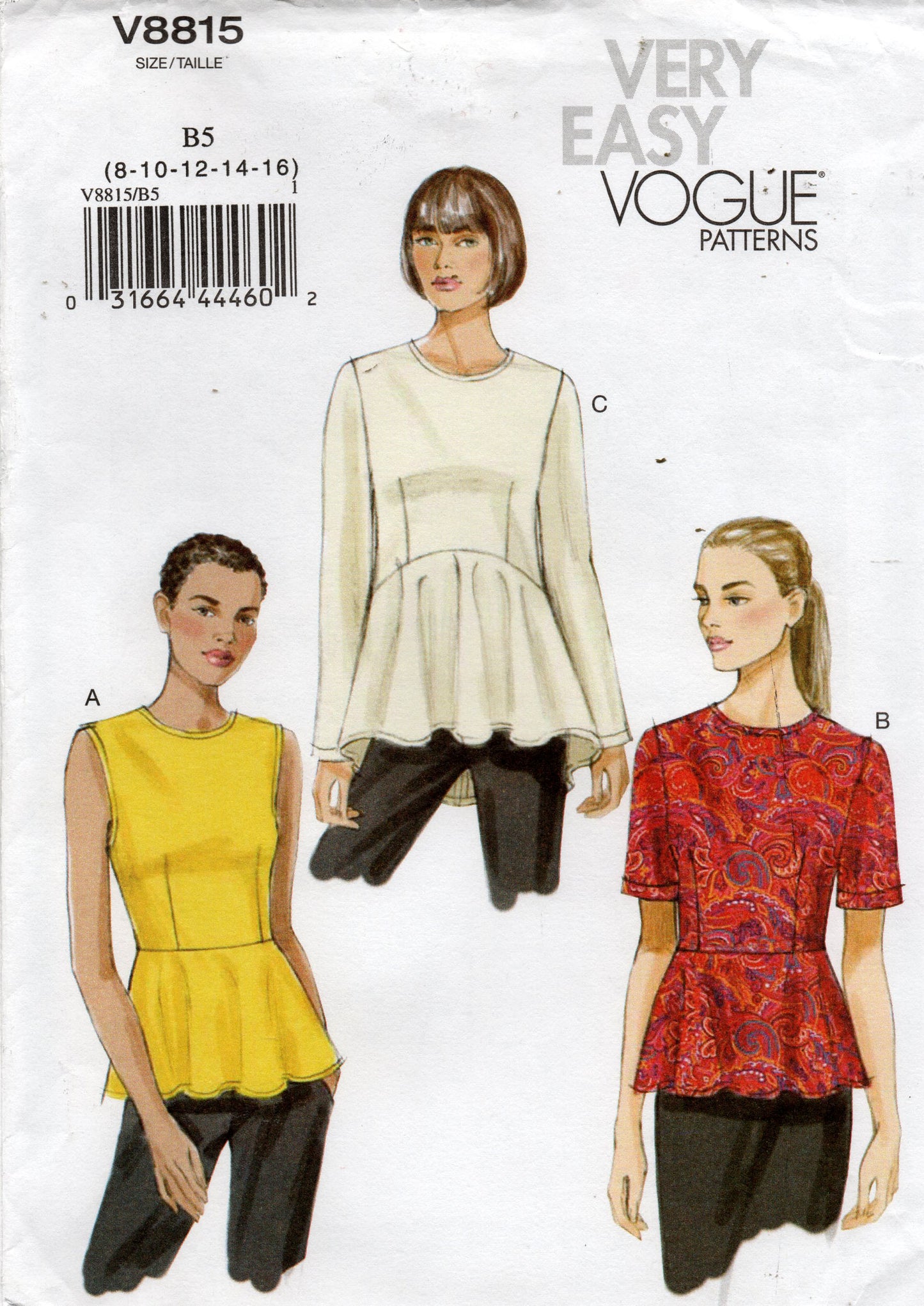 Very Easy Vogue V8815 Womens High Waisted Peplum Tops Sewing Pattern Size 8 - 16 UNCUT Factory Folded