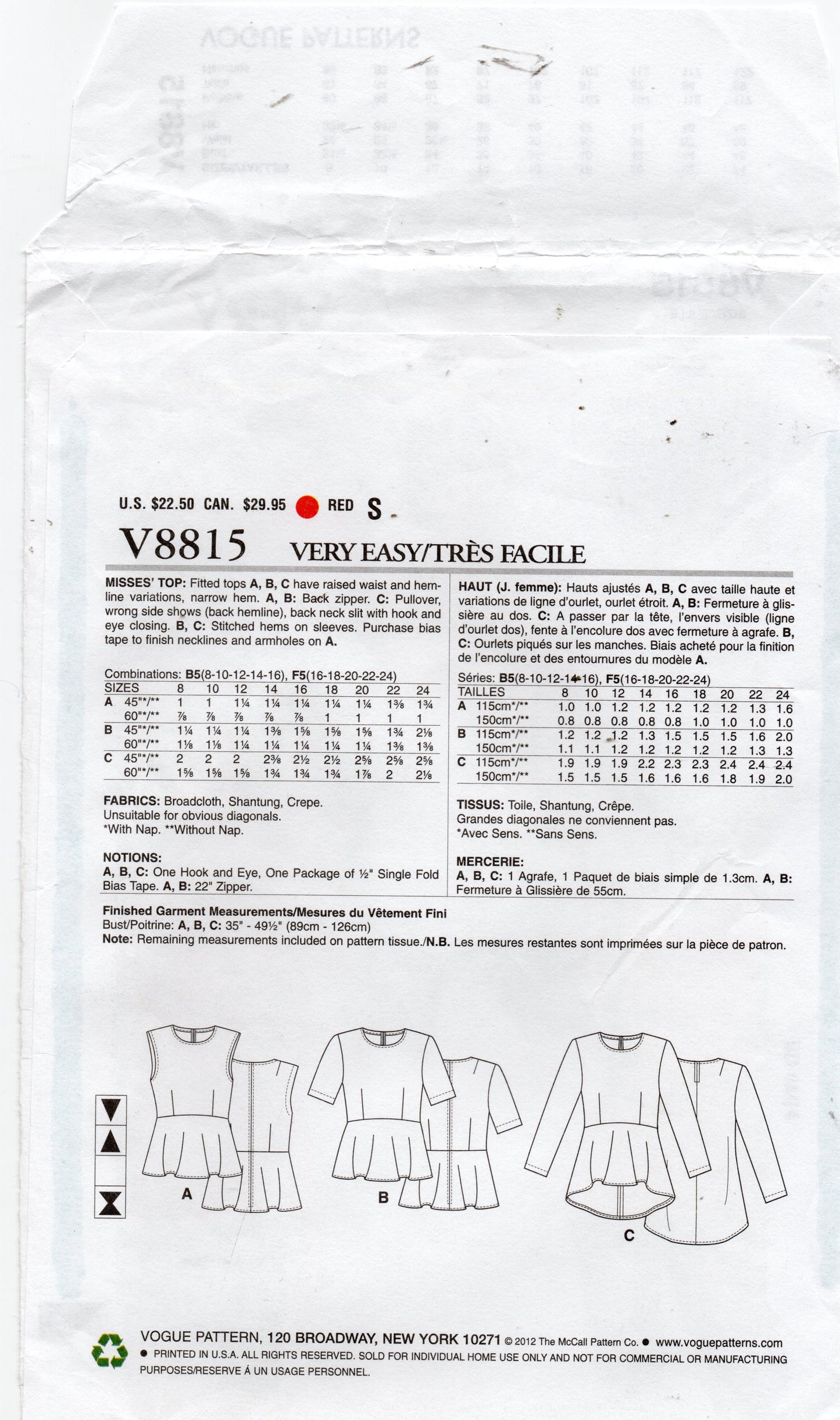 Very Easy Vogue V8815 Womens High Waisted Peplum Tops Sewing Pattern Size 8 - 16 or 16 - 24 UNCUT Factory Folded