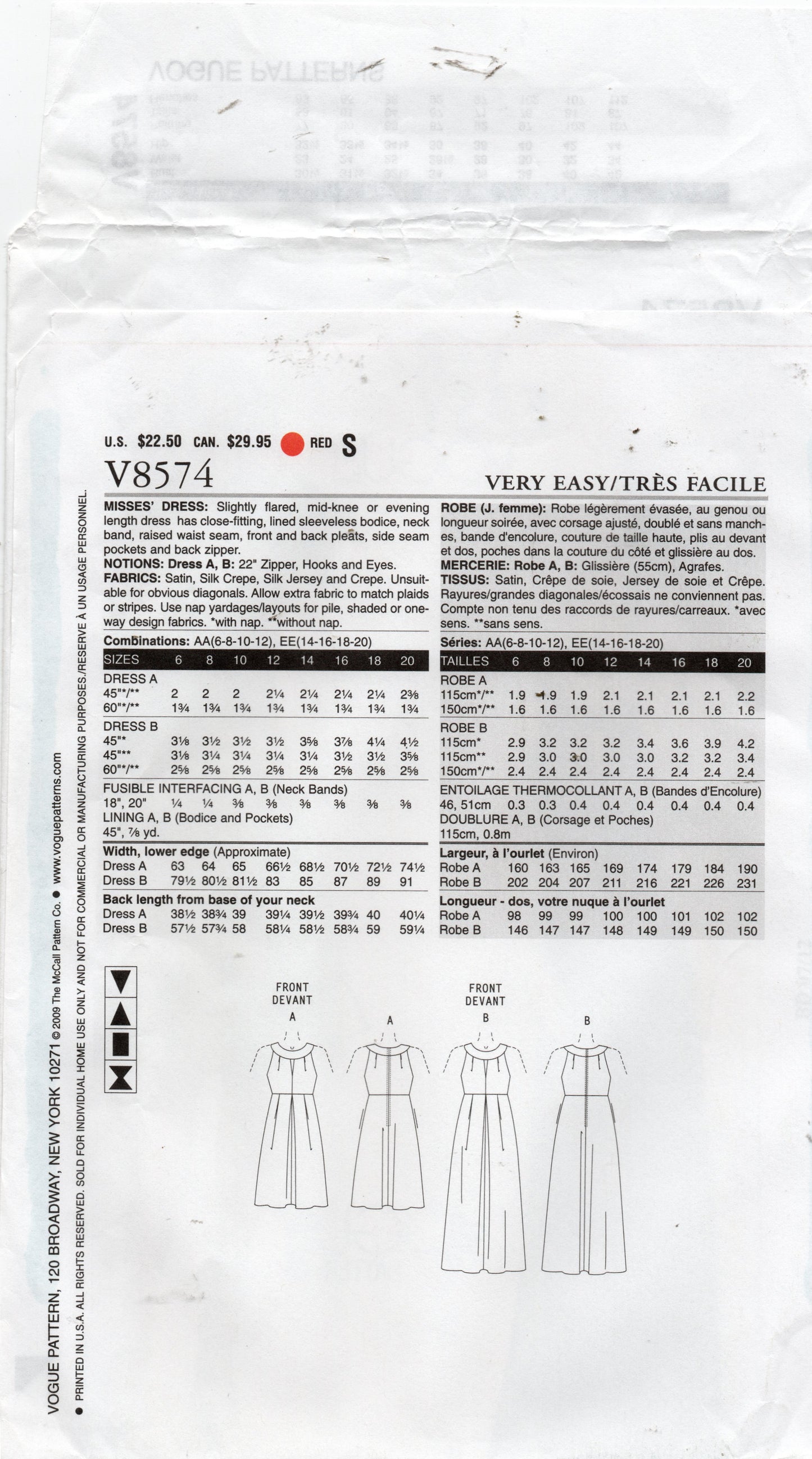 Very Easy Vogue 8574 High Waisted Dress with Pleated Skirt Out Of Print Sewing Pattern Size 6 - 12 UNCUT Factory Folded