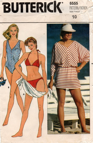 Butterick 6555 Womens RETRO Bikini Swimsuit & Beach Cover Up 1980s Vintage Sewing Pattern Size 10 Bust 32.5 Inches UNCUT Factory Folded