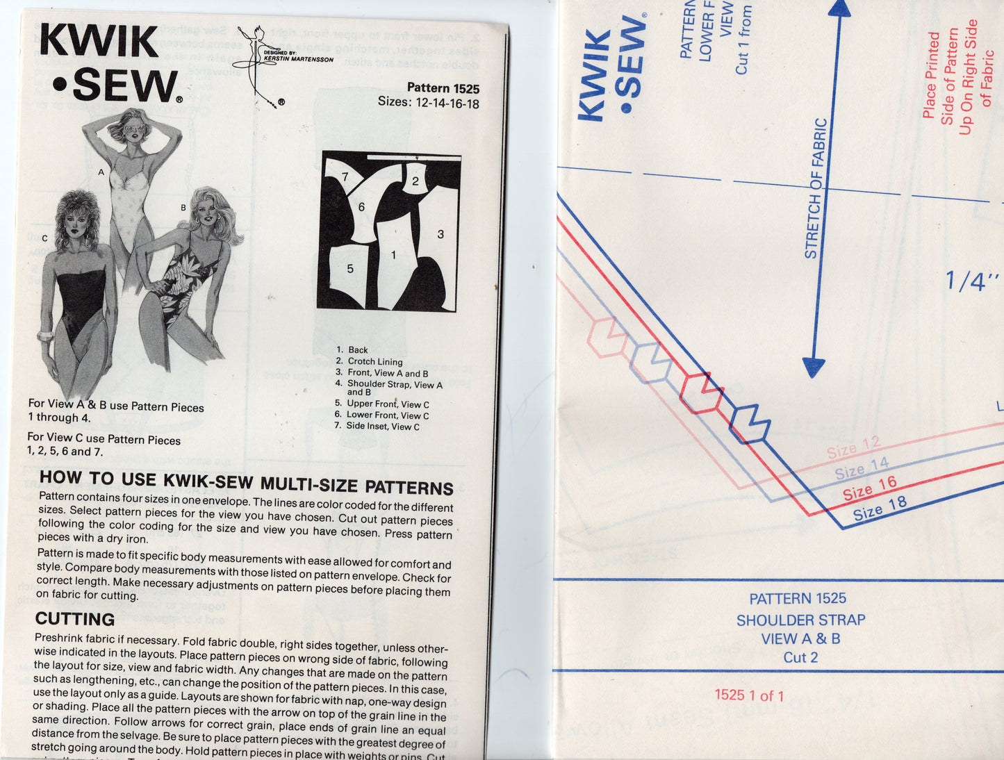 Kwik Sew 1524 & 1525 Womens High Cut Leg Colour Block Stretch Swimsuit or Maillot 1980s Vintage Sewing Pattern Bust 31 - 36 or 37 - 42 inches UNCUT Factory Folded