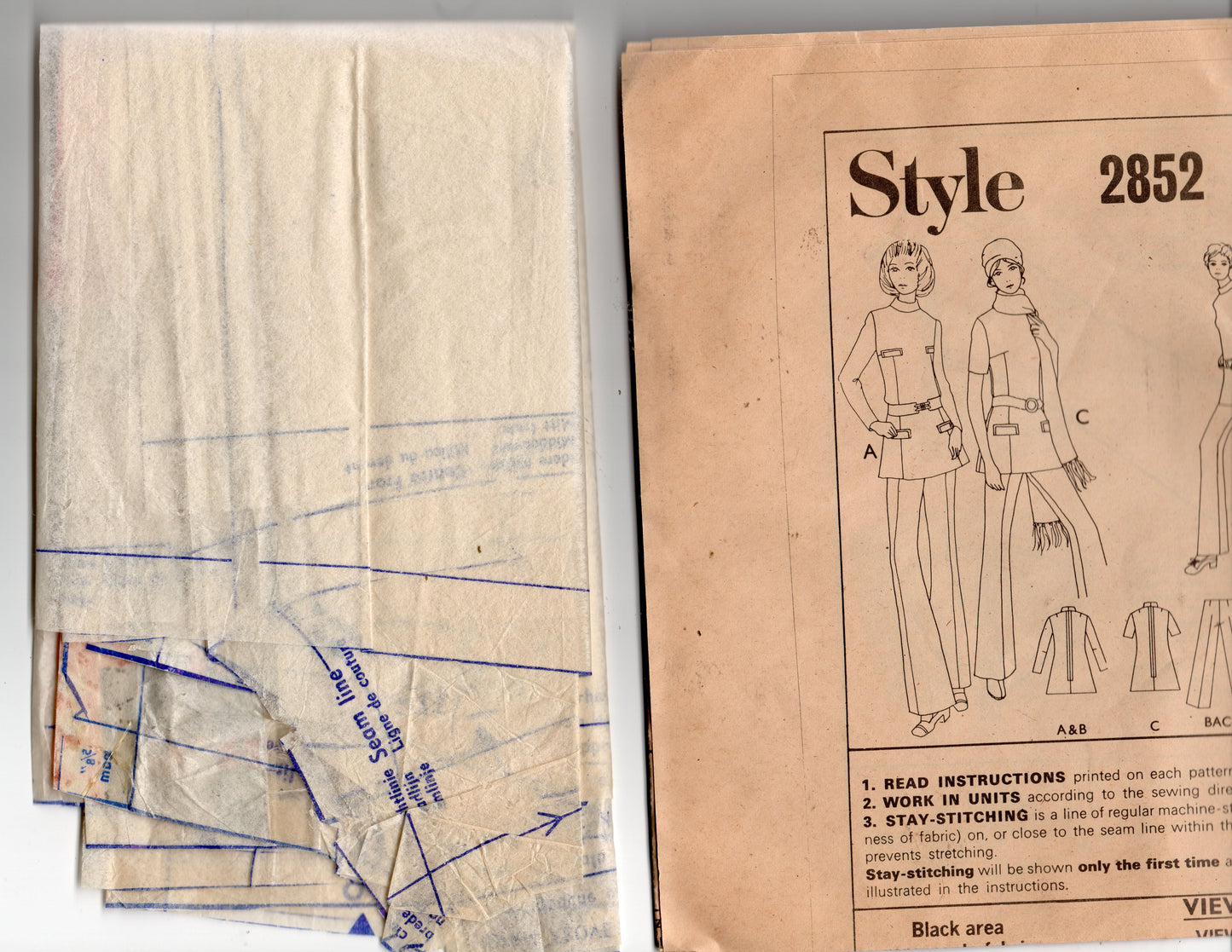 Style 2852 Womens MOD Stand Collar Tunic & Pants 1960s Vintage Sewing Pattern Size 14 Bust 36 inches