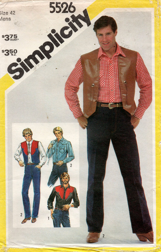 Patrón de costura vintage de los años 80 para camisa, chaleco y jeans estilo western para hombre Simplicity 5526, talla 42, sin cortar, doblado de fábrica