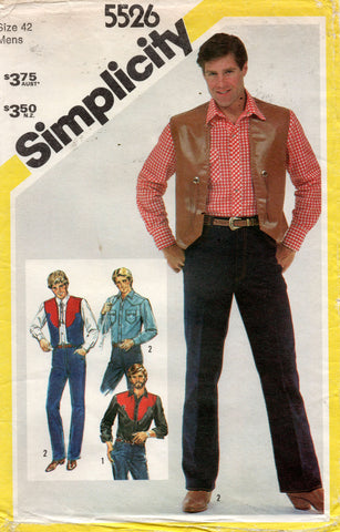 Simplicity 5526 Mens Western Shirt Vest & Jeans 1980s Vintage Sewing Pattern Size 42 UNCUT Factory Folded