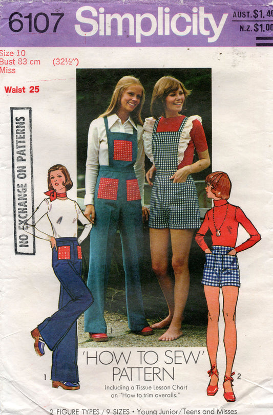 Simplicity 6107 Womens Pants Shorts Dungarees Hot Pants 1970s Vintage Sewing Pattern Size 10 Bust 32.5 inches