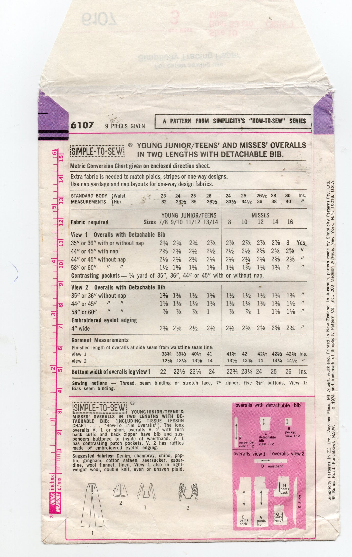 Simplicity 6107 Womens Pants Shorts Dungarees Hot Pants 1970s Vintage Sewing Pattern Size 10 Bust 32.5 inches