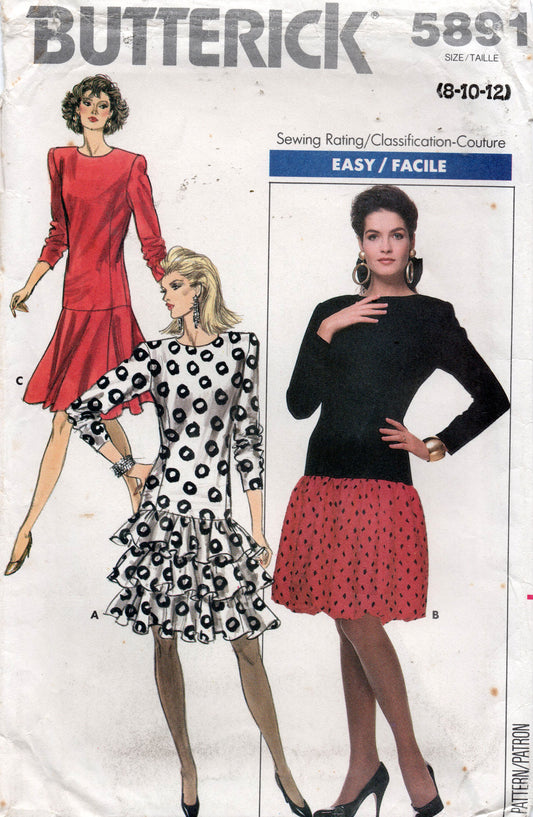 Patrón de costura vintage de los años 80 Butterick 5891 para vestido de talle bajo con volantes o pompones, talla 8-12, doblado de fábrica, sin cortar