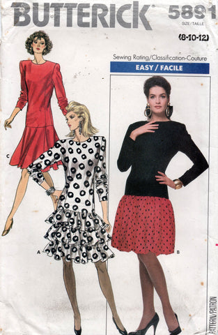 Butterick 5891 Womens Drop Waisted Dress with Flounced Ruffled or Bubble Hem 1980s Vintage Sewing Pattern Size 8 - 12 UNCUT Factory Folded