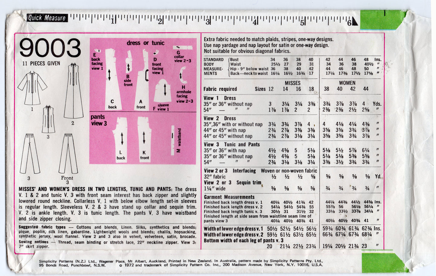 Simplicity 9003 Womens Seam Interest Dress Tunic & Pants 1970s Vintage Paper Sewing Pattern Size 12 Bust 34 inches