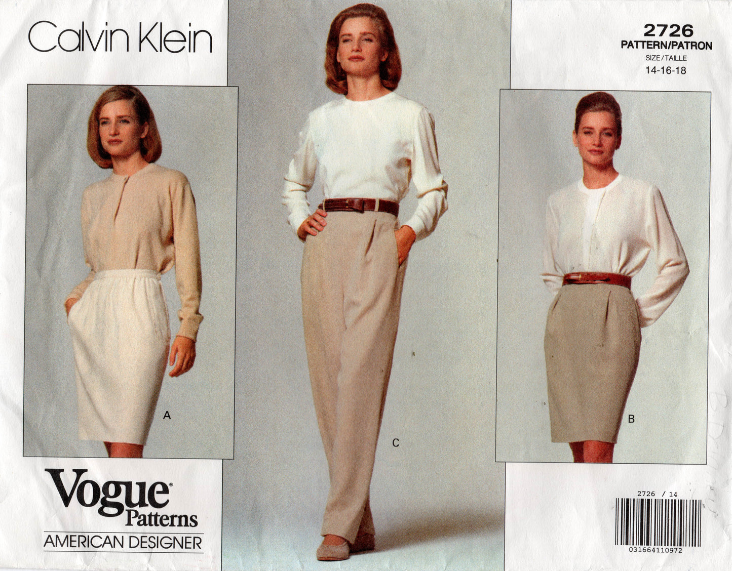 Vogue American Designer 2726 CALVIN KLEIN Womens Classic Skirts & Pants 1990s Vintage Sewing Pattern Size 14 - 18 UNCUT Factory Folded