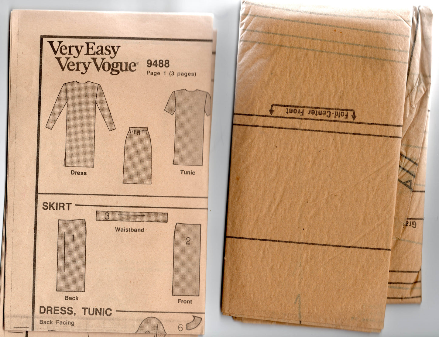 Very Easy Vogue 9488 Womens Curved Back Dress Tunic & Skirt 1980s Vintage Sewing Pattern Size 8 - 12 UNCUT Factory Folded