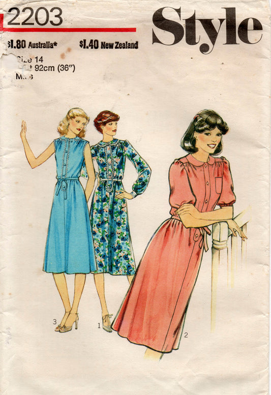 Patrón de costura vintage de los años 70 para vestido de mujer con hombros fruncidos y mangas abullonadas, estilo 2203, talla 12 o 14