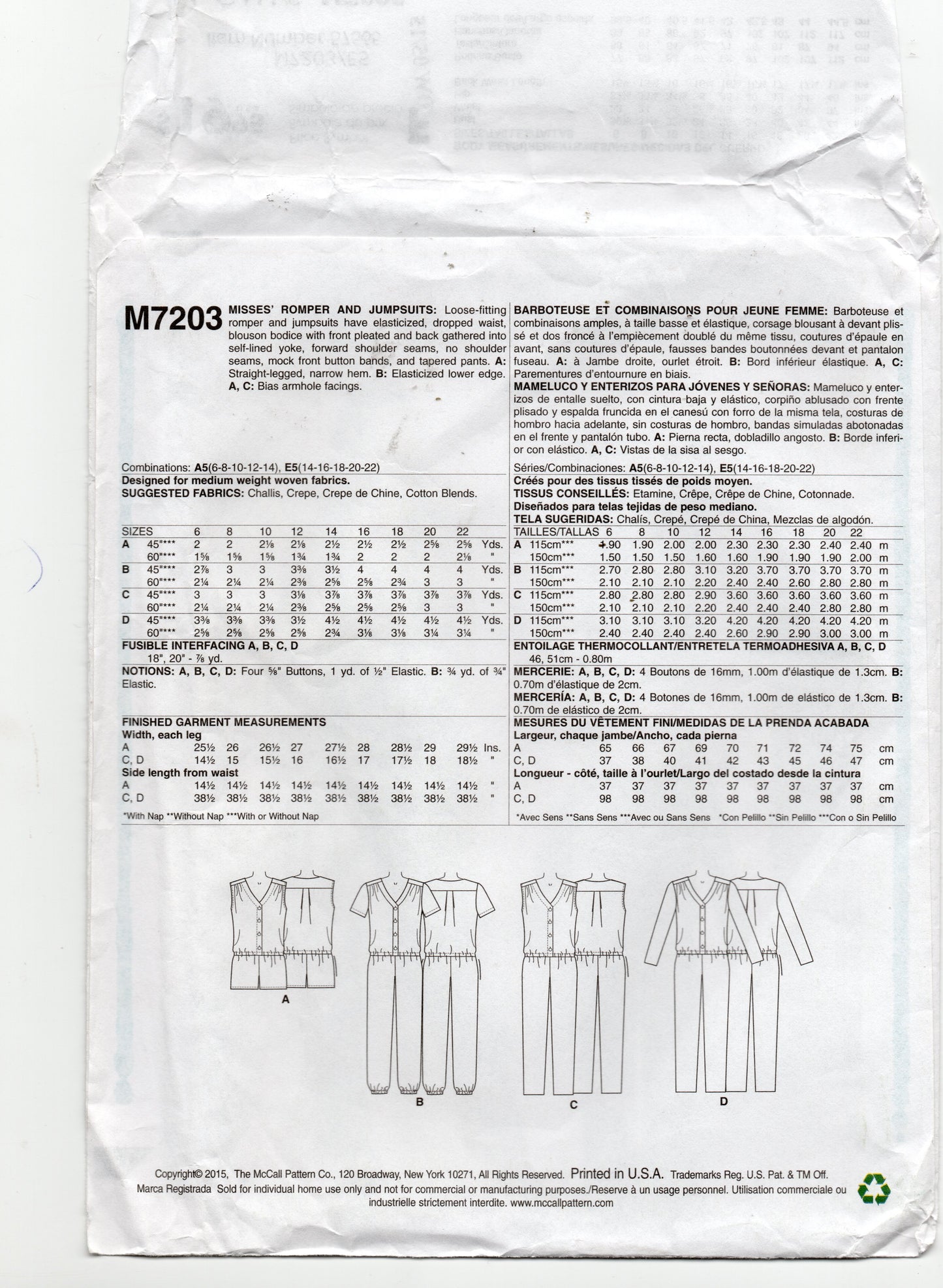 Patrón de costura agotado para monos y mamelucos de cintura baja para mujer McCall's M7203, talla 14-22, sin cortar, doblado de fábrica