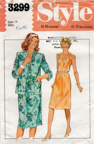 Style 3299 Womens Pullover Dress & Funnel Neck Jacket 1980s Vintage Sewing Pattern Size 14 Bust 36 inches UNCUT Factory Folded