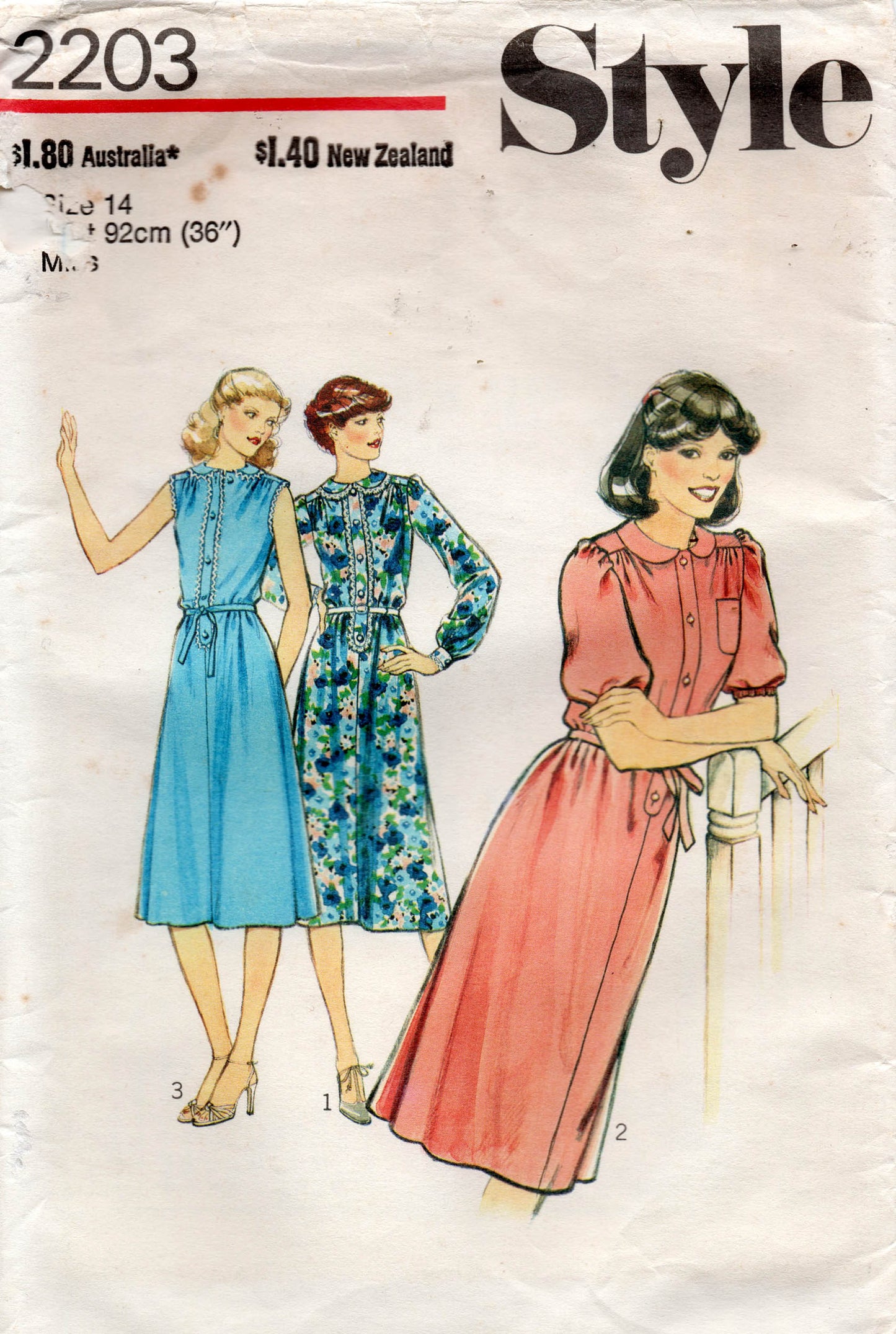 Style 2203 Womens Gathered Shoulder Puff Sleeved Dress 1970s Vintage Sewing Pattern Size 12 or 14