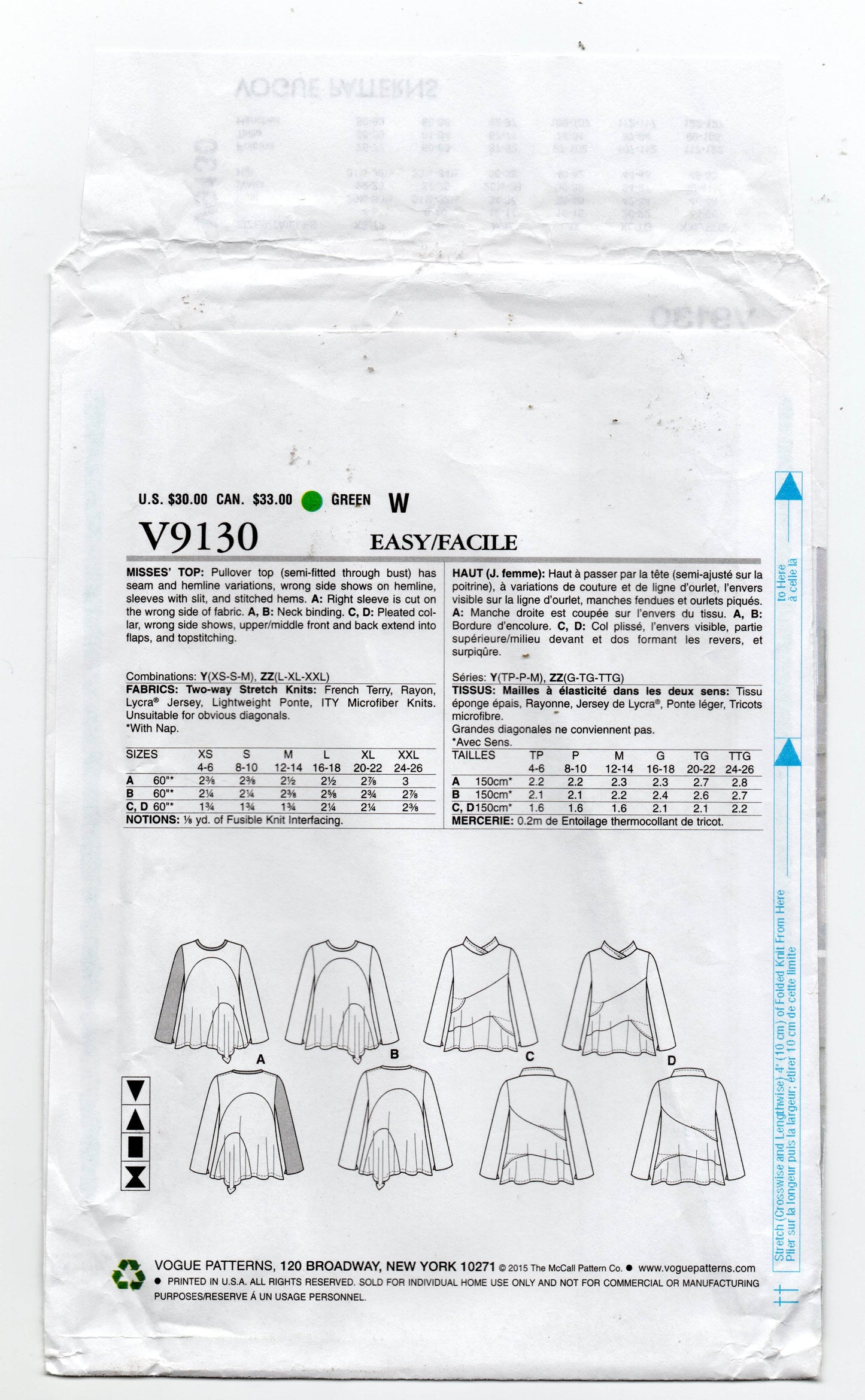 Patrón de costura de blusas elásticas para mujer de Marcy Tilton, sin cortar, dobladas de fábrica, originales de Vogue Designer V9130
