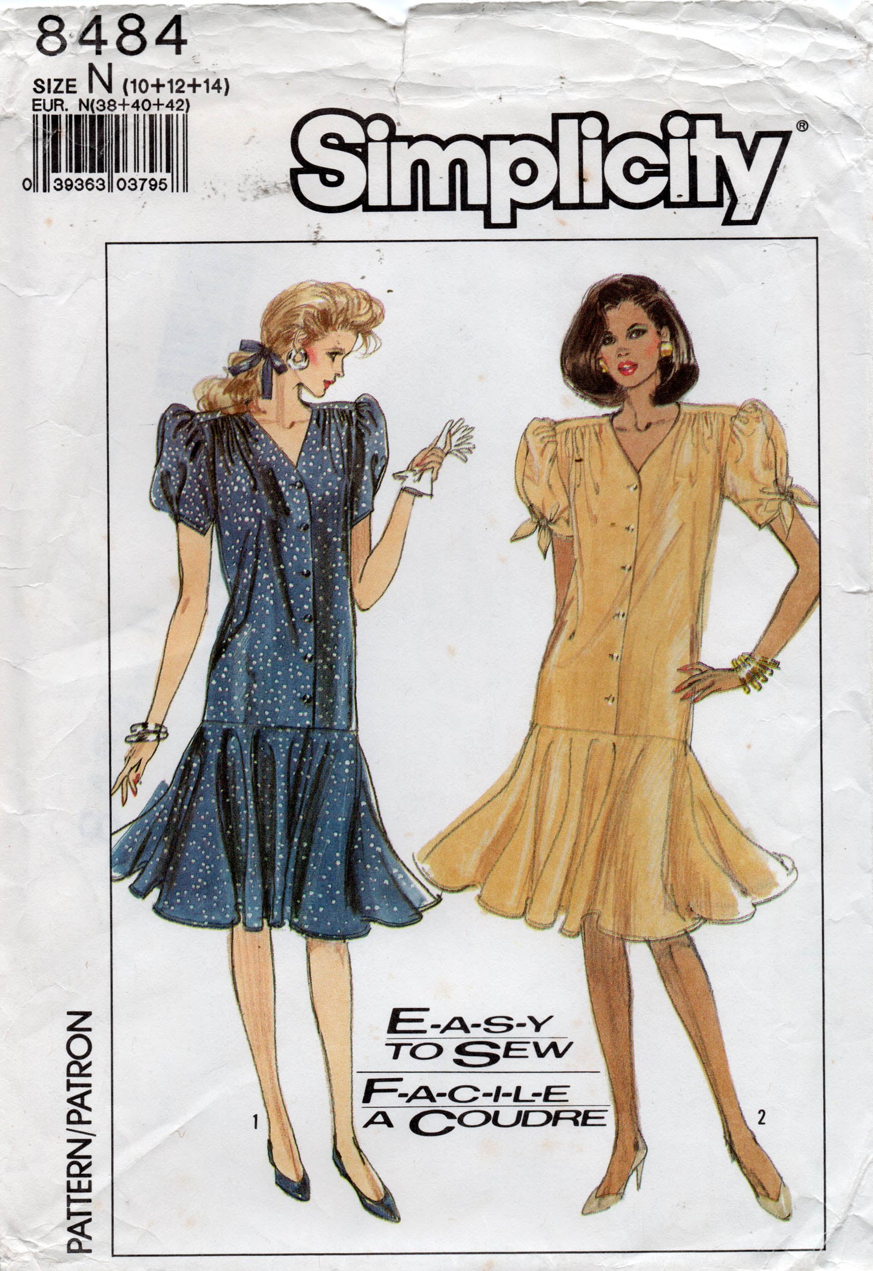 Simplicity 4848 Womens EASY Puff Sleeved Drop Waisted Dress 1980s Vint ...