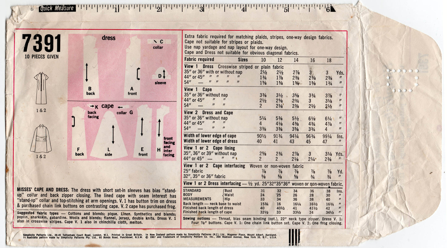 Simplicity 7391 Womens Stand Collar Shift Dress & Cape 1960s Vintage Sewing Pattern Size 16 Bust 36 inches