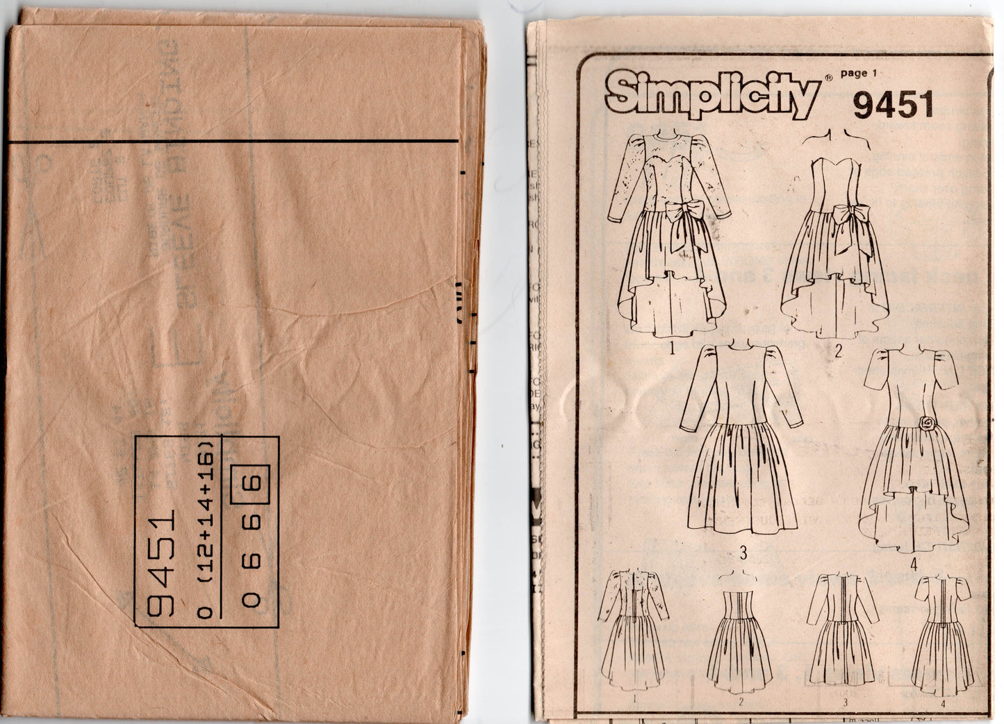 Simplicity 9451 Womens Dropped Waist Waterfall Hem Evening Prom Formal Gowns with High Low Hem 1980s Vintage Sewing Pattern Size 12 - 16 UNCUT Factory Folded