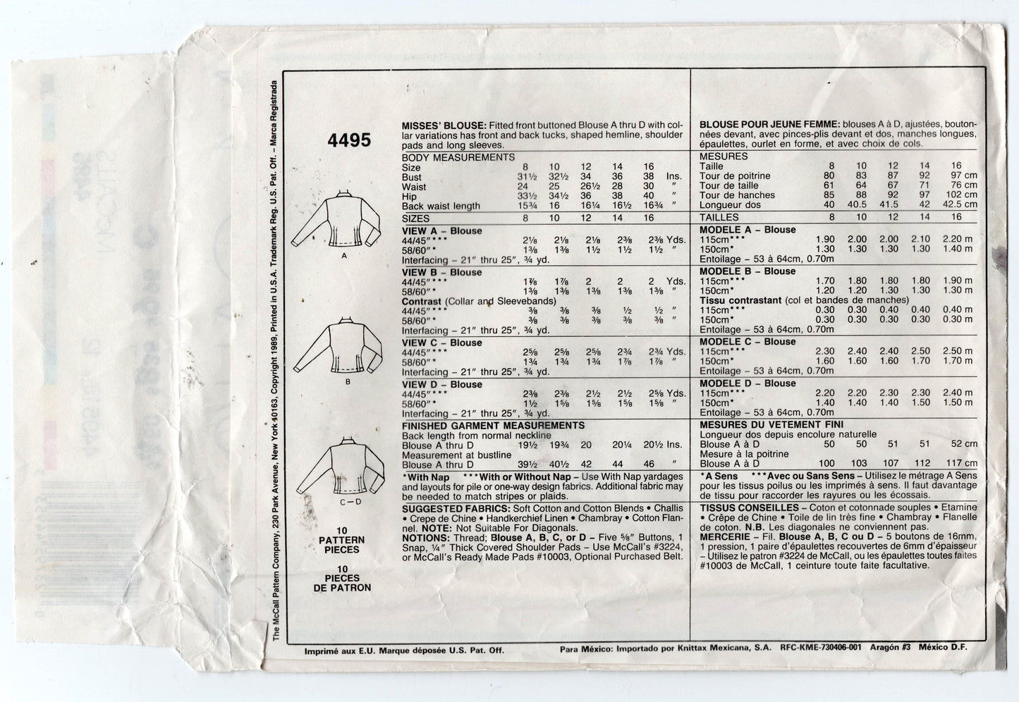 McCall's 4495 Womens Long Sleeved Blouses 1980s Vintage Sewing Pattern ...