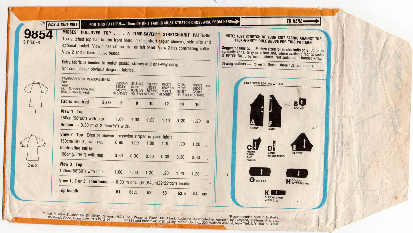 Simplicity 9854 Womens EASY Raglan Sleeved Stretch Shirts 1980s Vintage Sewing Pattern Size 12 - 16 UNCUT Factory Folded